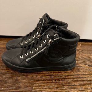 Chanel Black Leather CC Faux Pearl Embellished High Top Sneakers Size 37.5